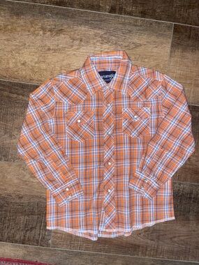 Wrangler Orange and Blue Plaid Pearl snap Western Shirt